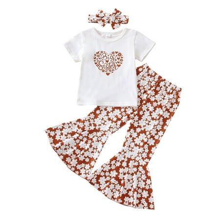 

Nokpsedcb Little Girls Sister Matching 3Pcs Outfits Letter Floral Printing Tops/Romper + Shorts/Flare Pants + Headwear White Pants 5-6 Years
