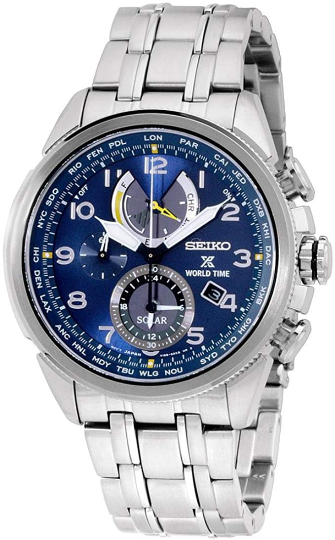 Seiko Men's SSC507 Prospex Solar World Time Blue Dial Steel Bracelet  Chronograph Alarm Watch 