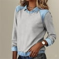 thumbnail image 6 of Women's Denim Patchwork Lapel Pullover, Casual Contrast Stitching Sweatshirt, Comfortable Knit Blouse, Fashion Collar Shirt, Streetwear Style Tops Grey M, 6 of 8