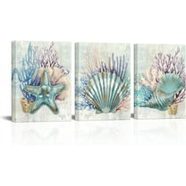 Bathroom Wall Decor Teal Starfish Seashell Conch and Coral Painting Wall Art Beach Pictures Retro Coastal Ocean Nautical Themed Poster Decoration Artwork for Home Nursery Kids Bedroom Decor