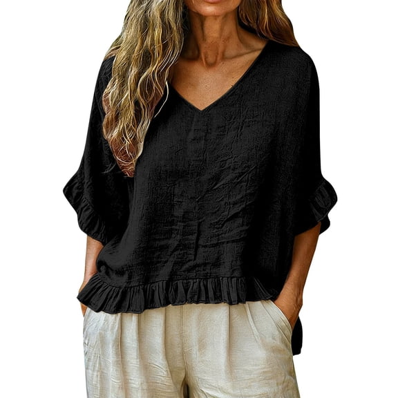 MEICHEN Women's V Neck T Shirts Casual 3/4 Sleeve Loose Fit Tops Solid Color Fashion Tees Lightweight Blouse