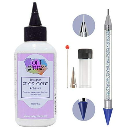 Art Glitter Glue Designer Dries Clear Adhesive 4 oz with Ultra Fine Metal Tip and Pixiss 6-inch Jewel Picker Setter Pickup Tool - Wax Pencil Rhinestone Applicator Application