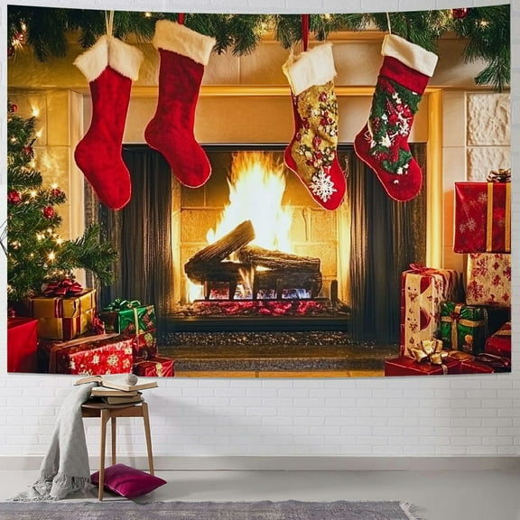 Fenyluxe Christmas Fireplace Tapestry Wall Hanging - Home Room Wall Picture Art Tapestry Retro Wall Art Xmas Decor Bohemian Hippie Wall Tapestries Bedroom College Dorm Decor 40x30inch