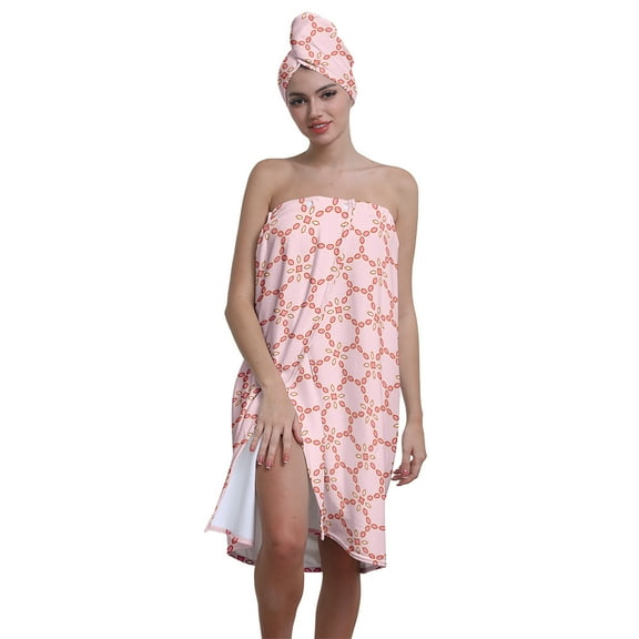 Colevkie Women 2 Pieces Bath Wrap Set Shower Skirt & Hair Drying Cap Soft Absorbent Adjustable Beach Towel Shower Cap Quick Drying Portable for Bathroom Travel Printed Pink Cute Pattern