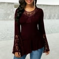 thumbnail image 3 of Uhndy Women's Lace Stitching Irregular T-Shirt Long Sleeve Round Neck Solid Color Blouse Loose Autumn Pullover Tops, 3 of 4