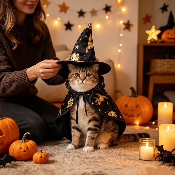 2Pcs Pet Witch Set, Soft Satin Wizard Cape with Matching Star Moon Witch Hat, Adjustable Halloween Cosplay Outfit for Small Cats Puppy Holiday Party Dress Up