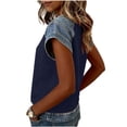 thumbnail image 4 of Womens Summer Tops Shorts Sleeve Waffle Knit Crew Neck T-Shirts Faux Denim Patchwork Dressy Tunic Trendy Plain Blouses Shirts Lounge Casual Loose Fit Tees Shirt Top Going Out, 4 of 7