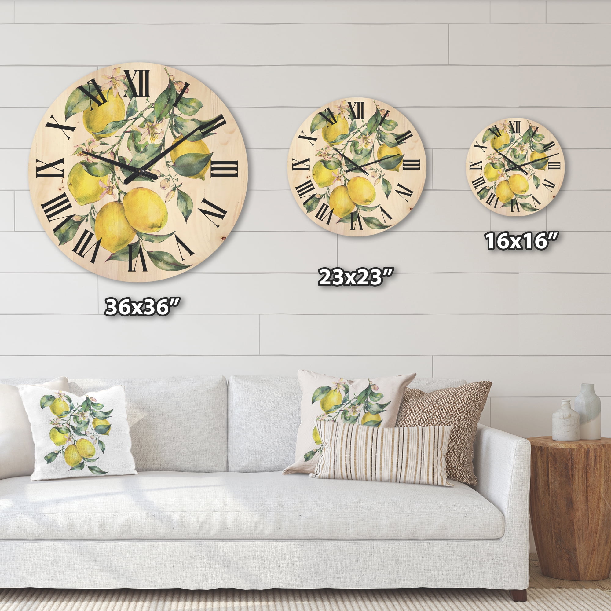 Designart 'Branch of Leaves and Yellow Lemons I' Tropical Wood Wall Clock