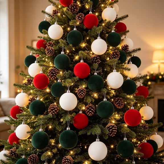 12 Pack Christmas Ball Ornaments, Flocked Velvet Shatterproof Plastic Baubles, Assorted Colors for Xmas Tree Holiday Hanging Decor