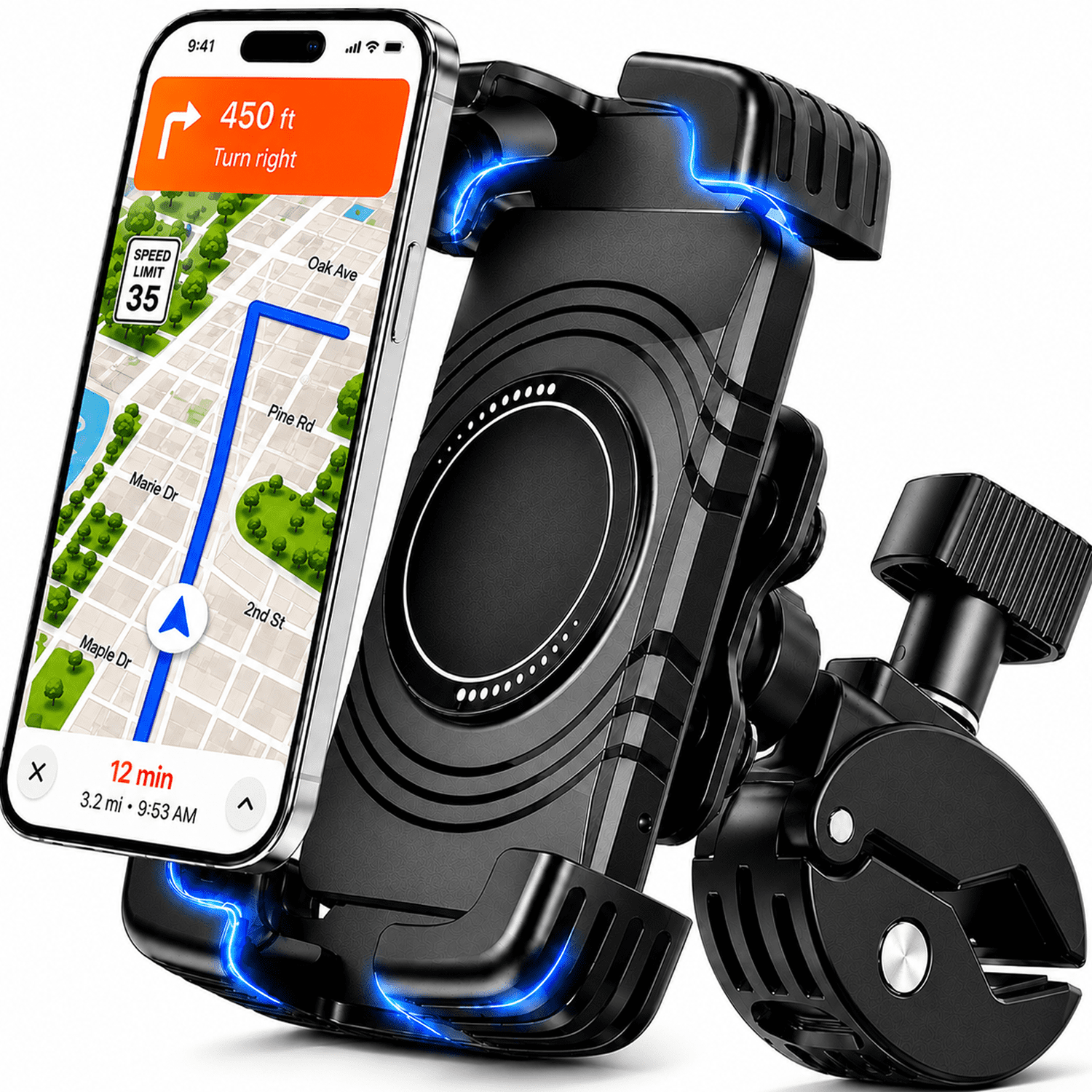 GAZILY® Motorcycle Phone Mount, Anti-Shake Handlebar Holder with One-Hand Lock, 360° Rotation and 4-Layer Shock Absorption for 4.7–7.2" Phones, Black