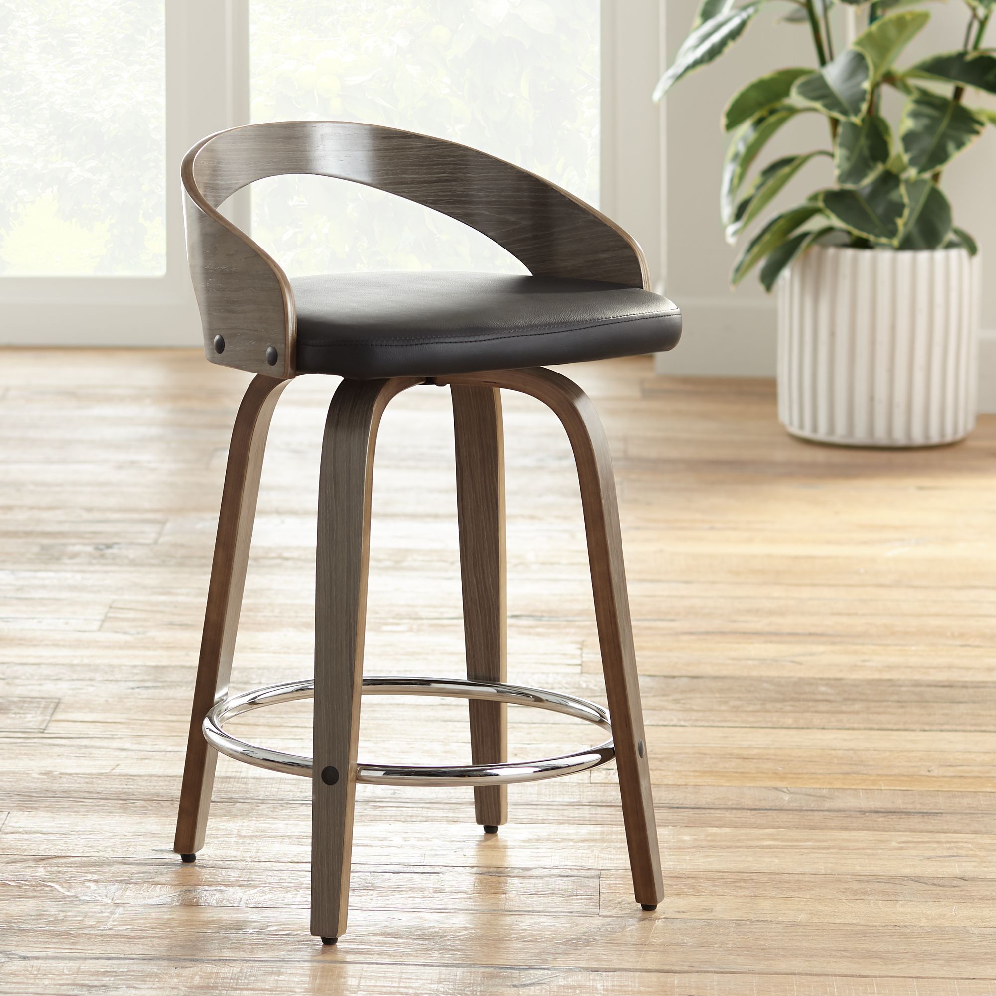 LumiSource Gratto 24" Black Faux Leather Gray Wood Swivel Counter Stool