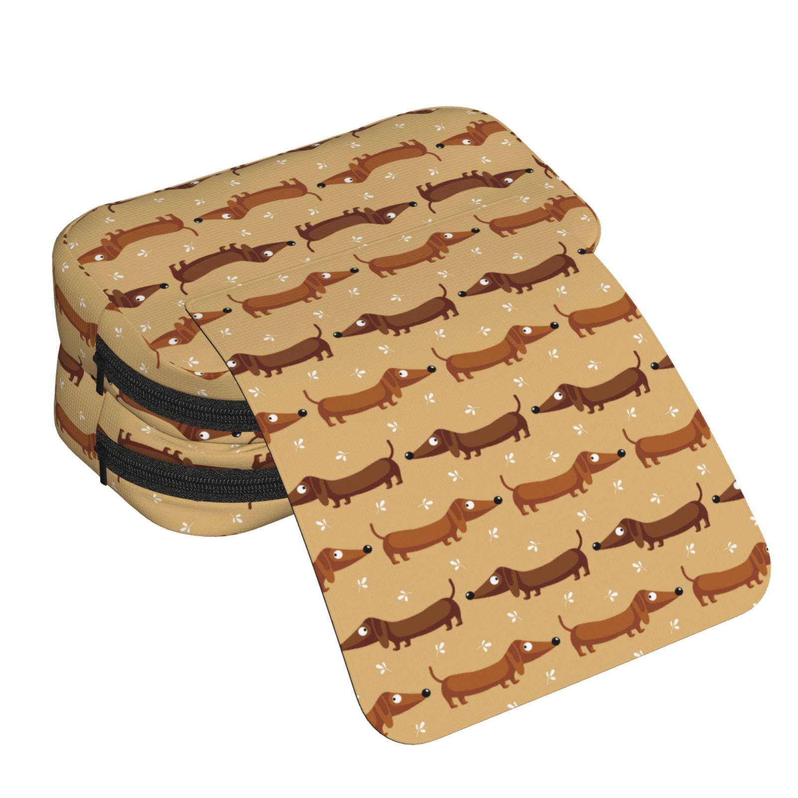 Rateoe Dachshund Dog Puppy Pattern Double Clamshell Pen Case, Storage Organizer with Two Zipper Compartments– Holds Up to 50 Pencils & Pens