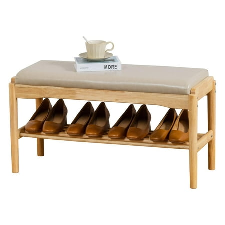 Shoe Bench, Entryway Bench, Wood 2-Tier Shoe Rack with Cushion Padded Seat Shoe Organizer (31.5",Beige+Nature)