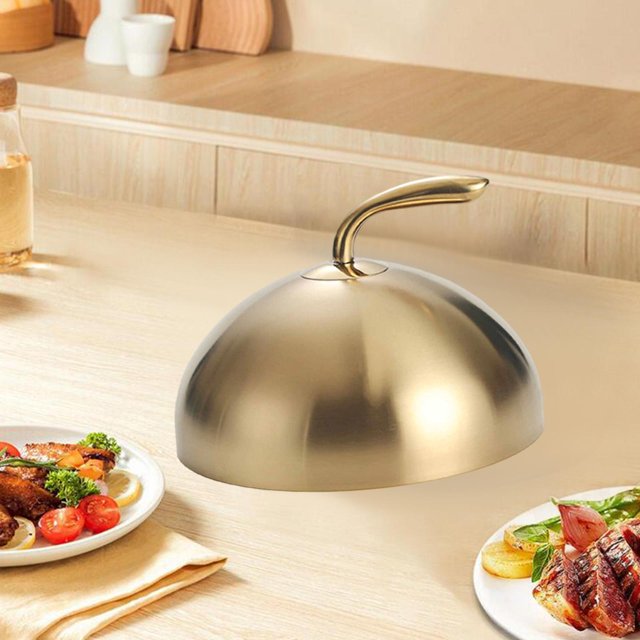 Tapa de acero inoxidable para alimentos, tapa para filetes, a prueba de polvo, ligera, para servir, con asa, para el hogar, interiores y exteriores. Oro de 26 cm