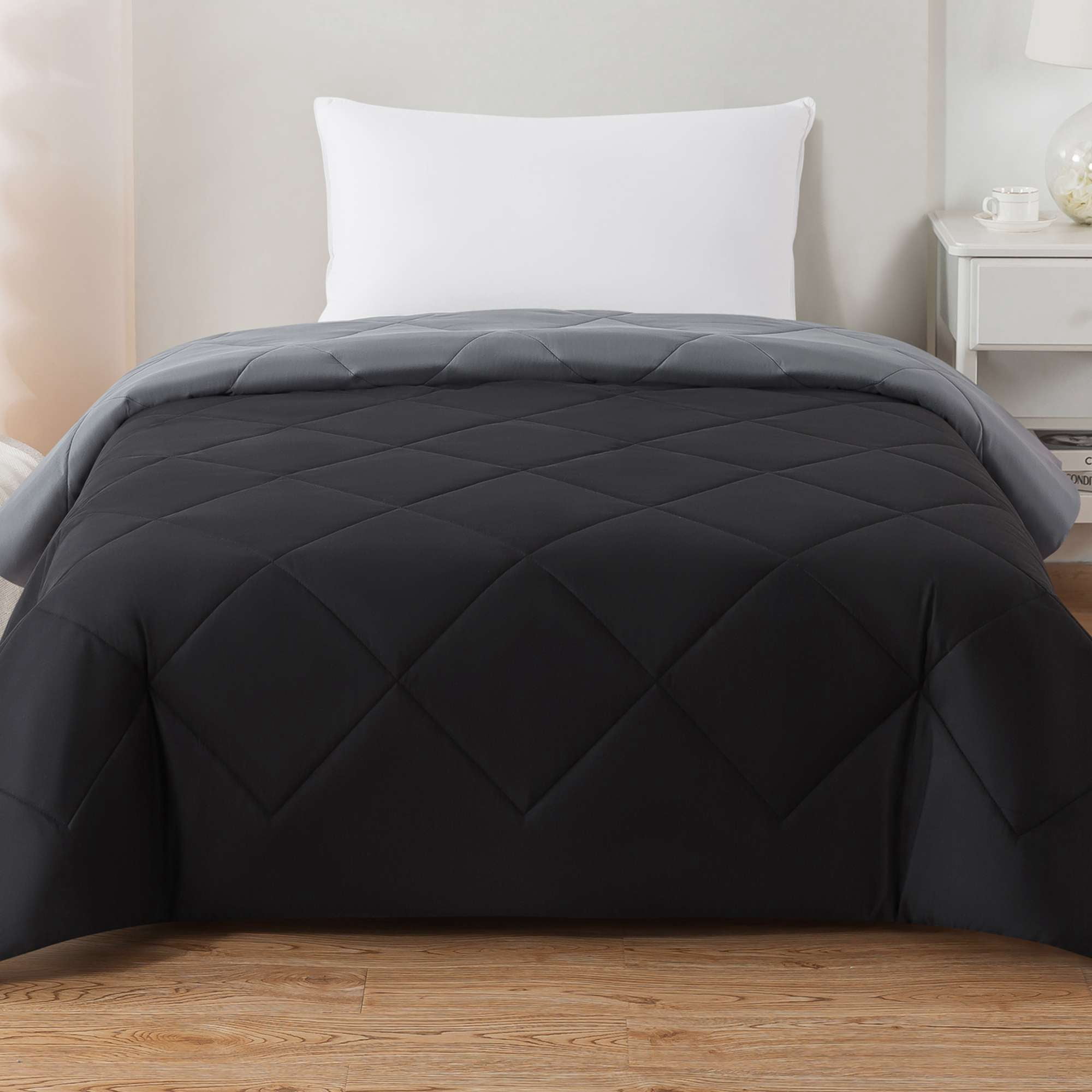 Mainstays Reversible Microfiber Comforter, Black, Twin-XL