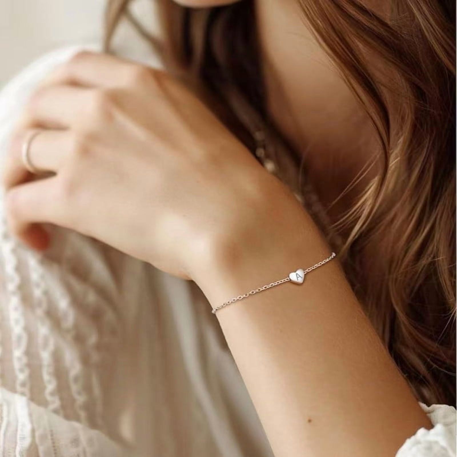 925 Sterling Silver Bracelet for Women with Initial Heart Charm - Letter A