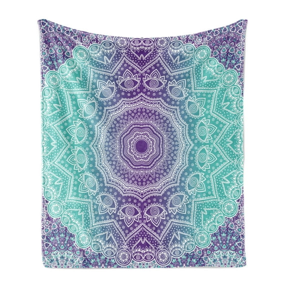Purple and Turquoise Soft Flannel Fleece Throw Blanket, Hippie Ombre Mandala Inner Peace and with Ornamental Art, Cozy Plush for Indoor and Outdoor Use, 50" x 70", Purple Aqua, by Ambesonne