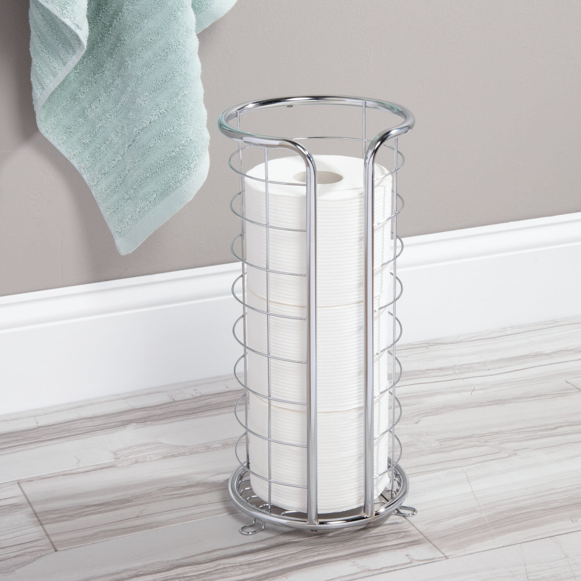 mDesign Metal Toilet Paper Holder Stand, Freestanding 3 Roll Reserve, Chrome