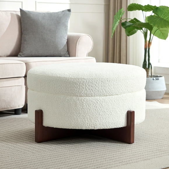 Noble House Round Ottoman with Storage Tufted Upholstered White Ottoman Coffee Table