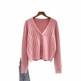 thumbnail image 3 of Womens And Winter V Neck Knitted Sweater Tops Long Sleeves Loose Short Cardigan Pink YIWEI, 3 of 11