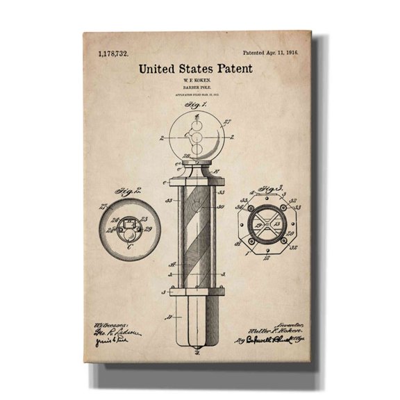 Epic Graffiti "Barber Pole Blueprint Patent Parchment" Giclee Canvas Wall Art, 18"x26"