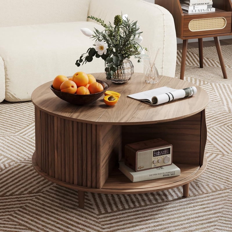Kelno 31" Coffee Table Round Coffee Tables with Storage Mid Century Rustic Wood Desktop with Hidden Compartment Sliding Cabinet Door, Walnut