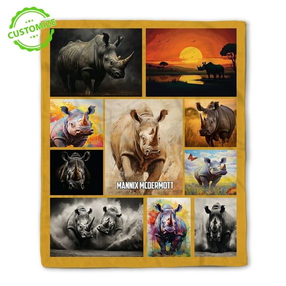 Customizaholic Personalized Blankets With Name, Rhino Blanket, Animal Blanket, Blanket With Name, Rhinoceros Gifts