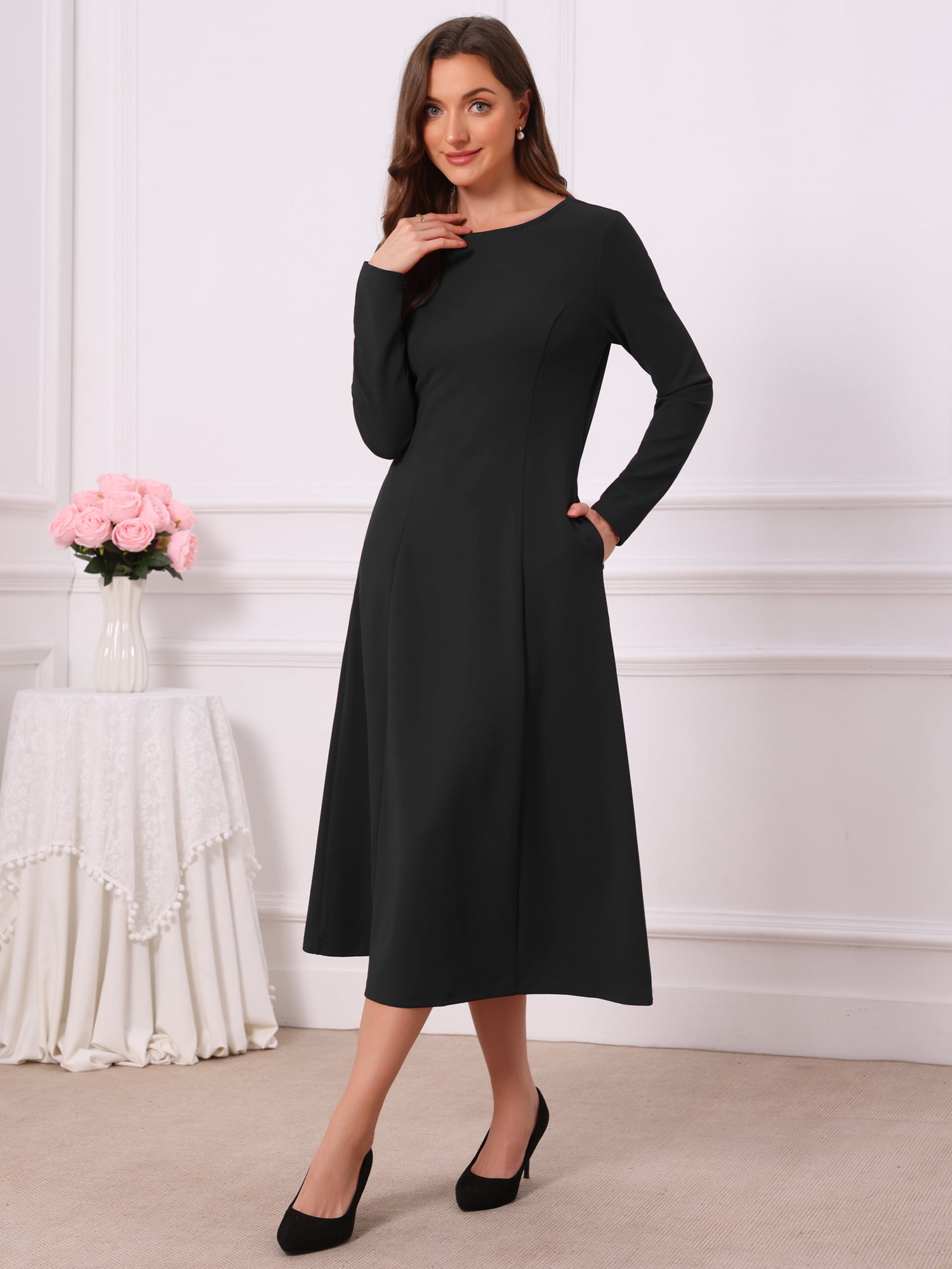DARING DIVA Women's Long Sleeve Formal Crewneck A-Line Maxi Dress S Black