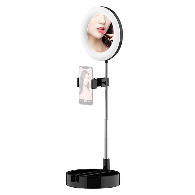 Amdohai Portable LED Ring Light Foldable Desk Circle Lamp Fill Light with Makeup Mirror Phone Holder 3 Color Modes & 10 Brightness Levels for Selfie Video Recording