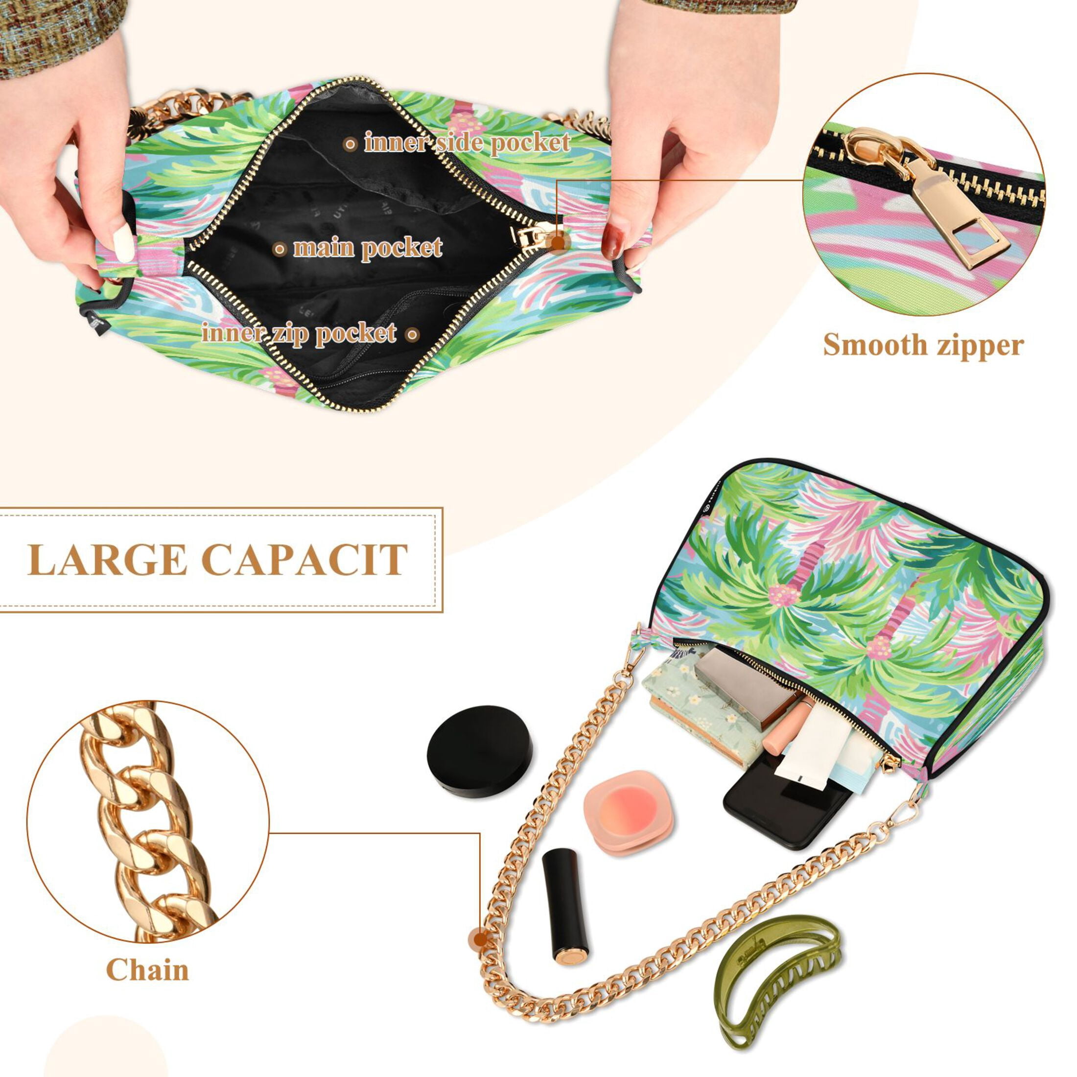 Ryvnso Palm Tree Summer Womens Chain Shoulder Bag Tote Handbags Clutch Hobo Purse with Zipper for Travel