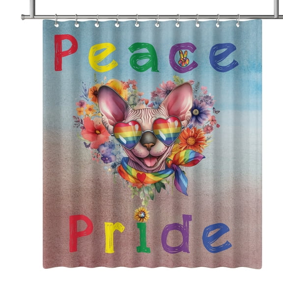 Peace Love Pride Sphynx with Rainbow Sunglasses LGBT LGBTQ Shower Curtain Cat Lover Kitten Owner Gifts Idea Waterproof Bathroom Bathtub Curtain - 01004