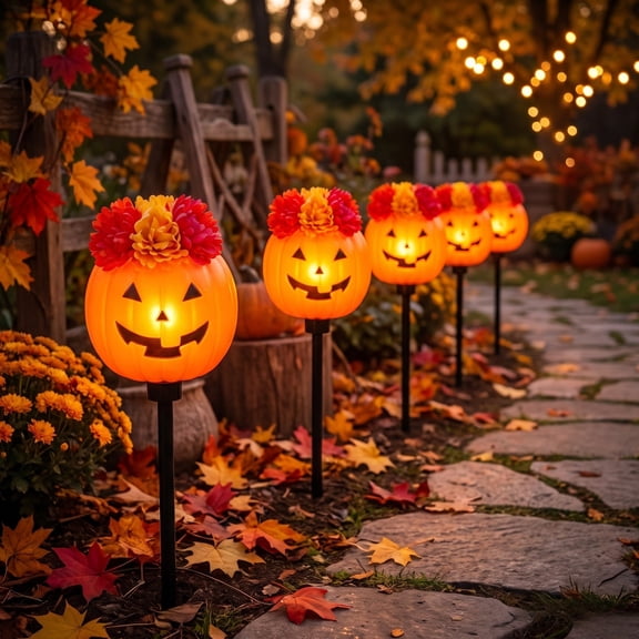 WDOBM Halloween Decoration, Pumpkin Face Floral Garden Stake Light with Fall Chrysanthemum, Dusk to Dawn Solar Lights, Waterproof Halloween Patio Ground Decor
