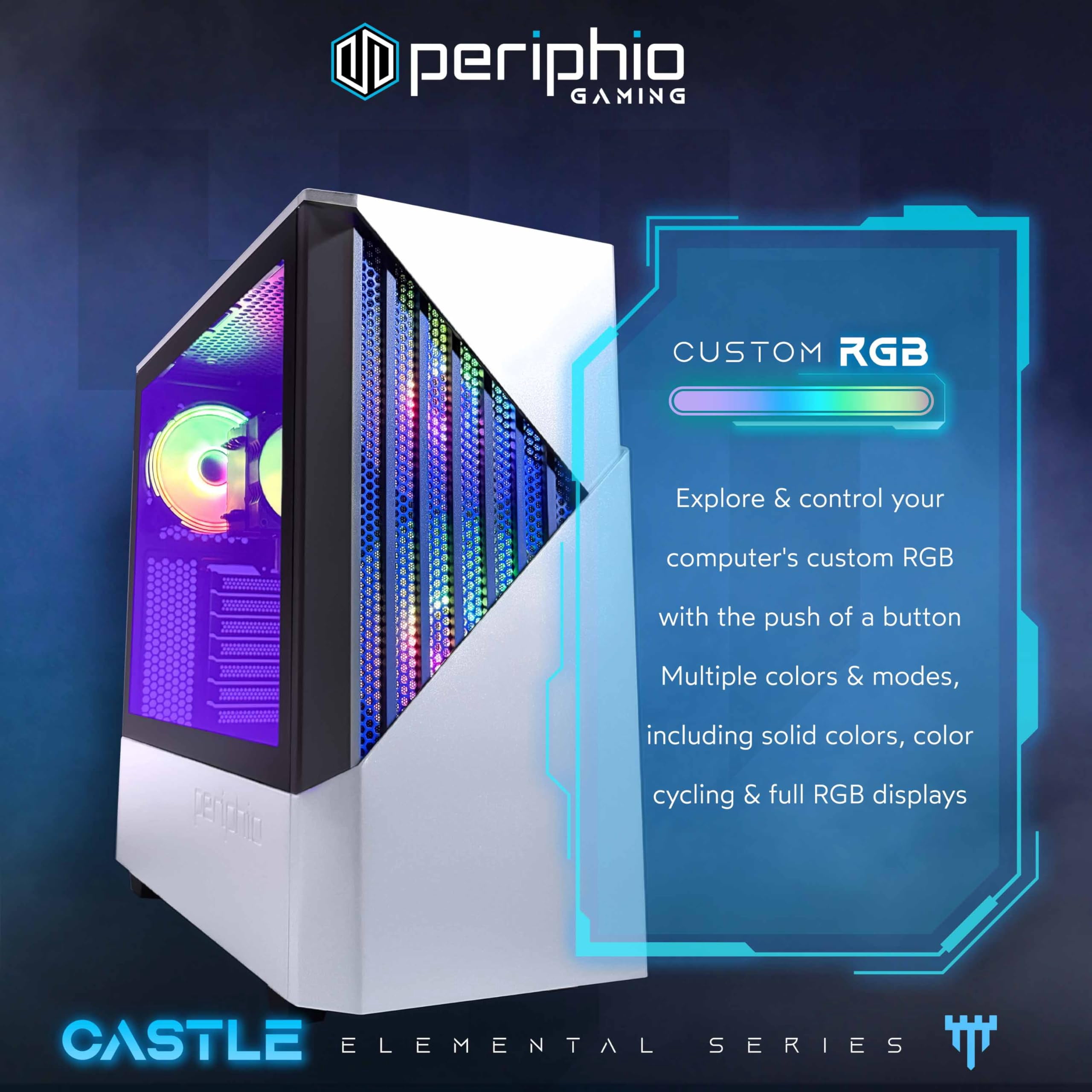 Periphio Castle Gaming PC, AMD Ryzen 5 5600GT up to 4.6GHz with Radeon Vega 7 Graphics, 16GB RAM, 1TB SSD, WiFi, Windows 11 Desktop Computer, White, 1080p PC Gaming - RGB Gamer Bundle, 24" Monitor