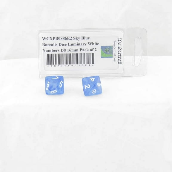 Sky Blue Borealis Dice Luminary with White Numbers D8 Aprox 16mm (5/8in) Pack of 2 Wondertrail