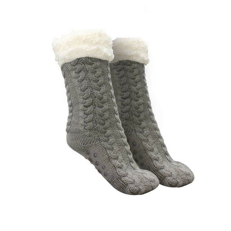 New women 2 pairs cable knit solid non slip thick sherpa fleece warm socks