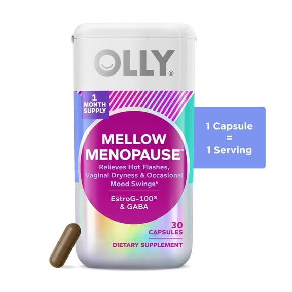 OLLY Mellow Menopause™ Supplements, Vegan Capsules, EstroG-100®, GABA, 1 Capsule per Serving, 30 Ct