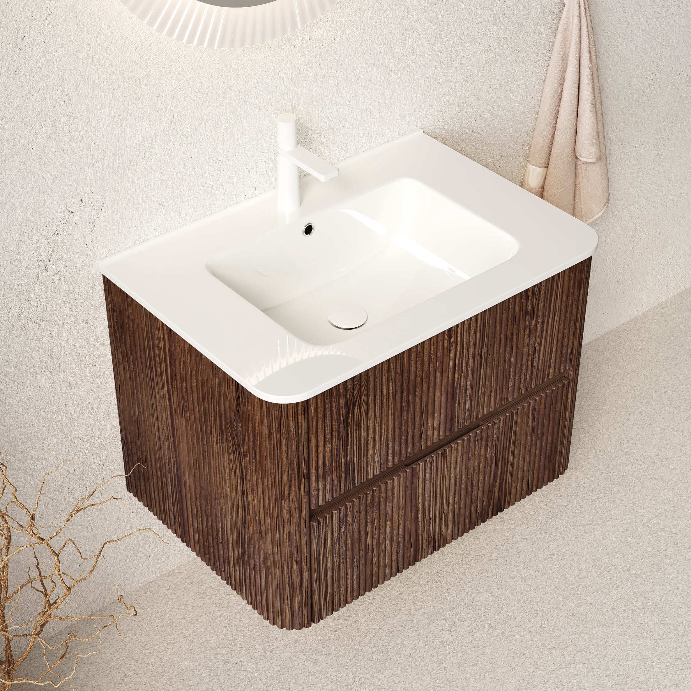 Noble House Noor 30" Floating Bathroom Vanity with Seamless Ceramic Basin, Retro Soft-Close Drawers, Walnut