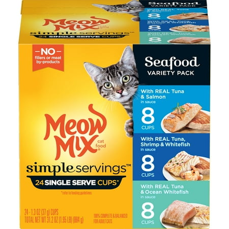 Kus Quick Mix Cups - Meow Mix Simple Servings Seafood Variety Pack Wet Cat Food, 24 Single Serve Cups