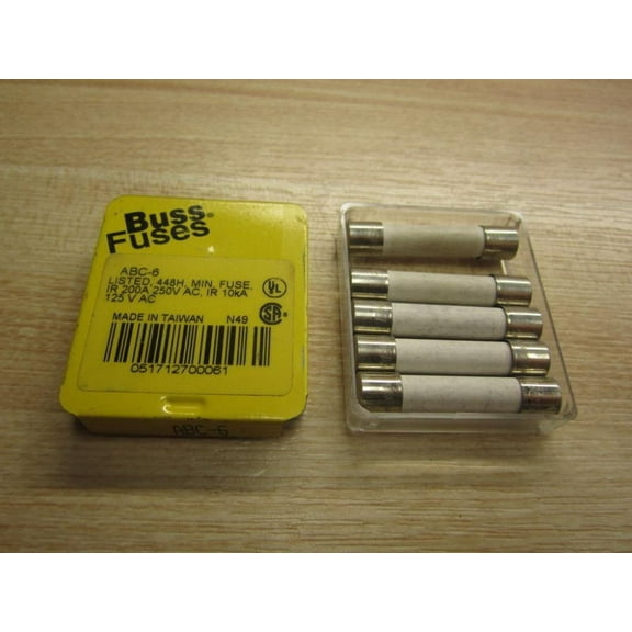 BUSSMANN ABC-6 - 6 Amp Fast Acting Ceramic Tube Elect. Fuse 250V Ul Listed (Pack of 5)