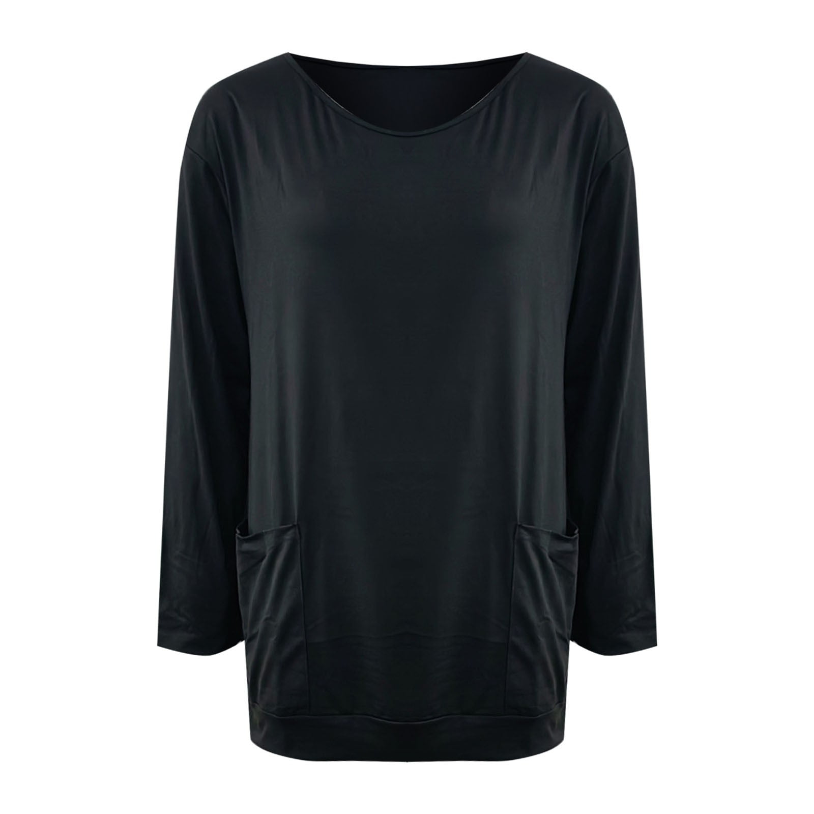 WNEGSTG Oversized T-shirts met Lange Mouwen voor Dames Ronde Hals Pullover Top Effen Kleur T-shirt met Zak Top Zwart
