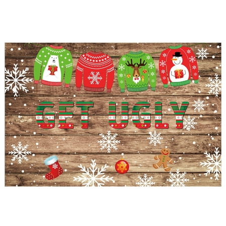 Image of Christmas Ugly Sweater Party Photography Backdrop Snowflake Gold Glitter Xmas Wood Wall Background for Kids Portrait Banner Photo Studio Booth(1 pcs multicolor)
