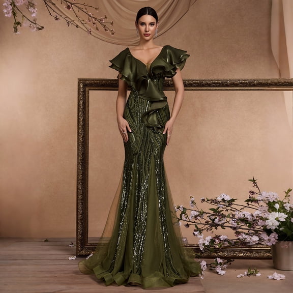 Elegant Floor Length Dresses Women Formal V Neck Sequin Evening Gowns Event Gala Mermaid Mesh Prom Ball Dress Luxury