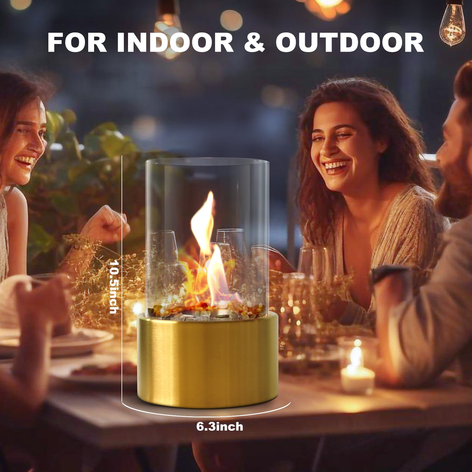 Tabletop Fire Pit-Safer Burning with Windproof Borosilicate Glass Metal Round Fireplace,Home Decor, Gift for Houswarmings, Parties and Weddings-Gold