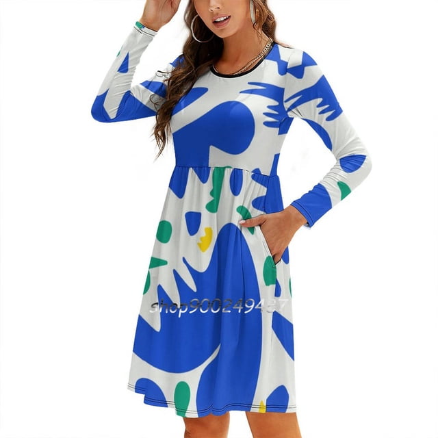Abstract Blue Life Shapes Pattern Square Neck Dress New Plus Size Elegant Women Waist Tight Dress Abstract Blue Pattern Matisse
