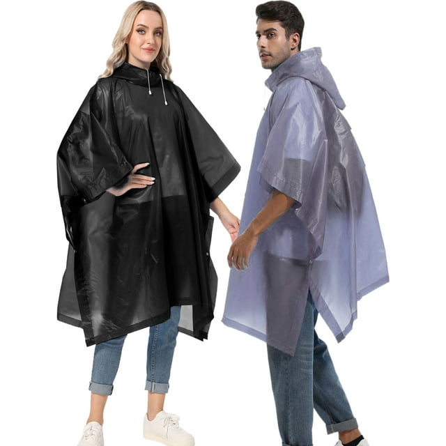 Lot de 2 Ponchos de Pluie Réutilisables pour Adultes, Imperméables Survie d'Urgence pour Femmes/hommes avec Capuche et Cordon de Serrage