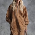 thumbnail image 4 of Women Western Brown Faux Suede Maxi Dress Half Zip Stand Collar Fringe Hem Cowgirl Long Dress with Side Pockets, 4 of 6