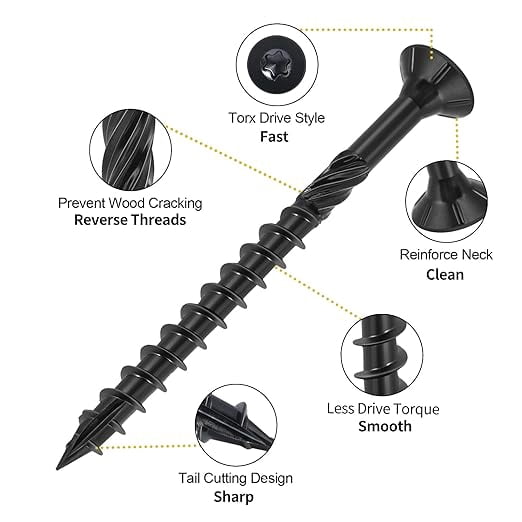 #8*1-1/2" Wood Screws, 550Pcs Black Epoxy Coated Self-Tapping Exterior Structural Screws with Knurled Shoulder, for Decking, Fencing, Woodworking
