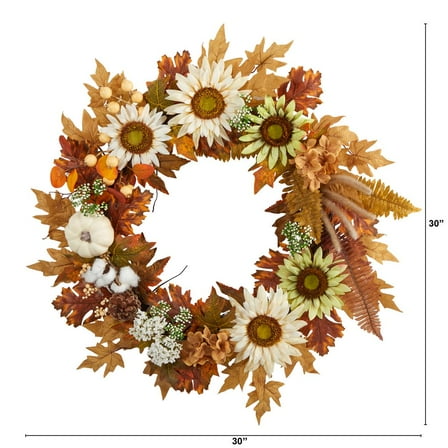 30" Autumn Sunflower/White Pumpkin and Berries Artificial Fall Wreath in Orange