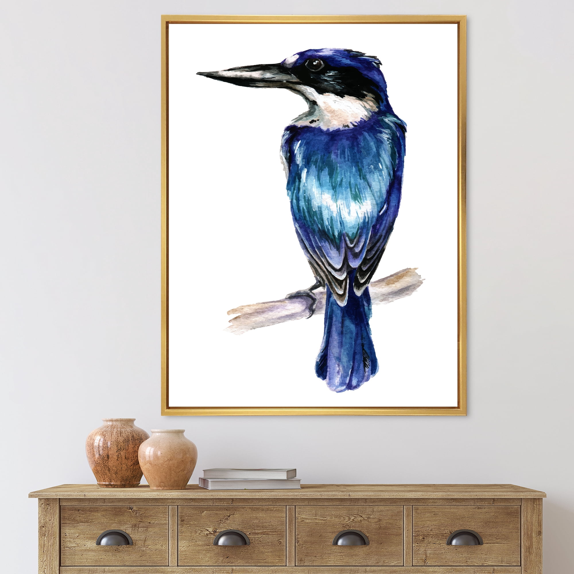 Style Blue Kingfisher Bird 30 in x 40 in Framed Painting Canvas Art Print, by Designart