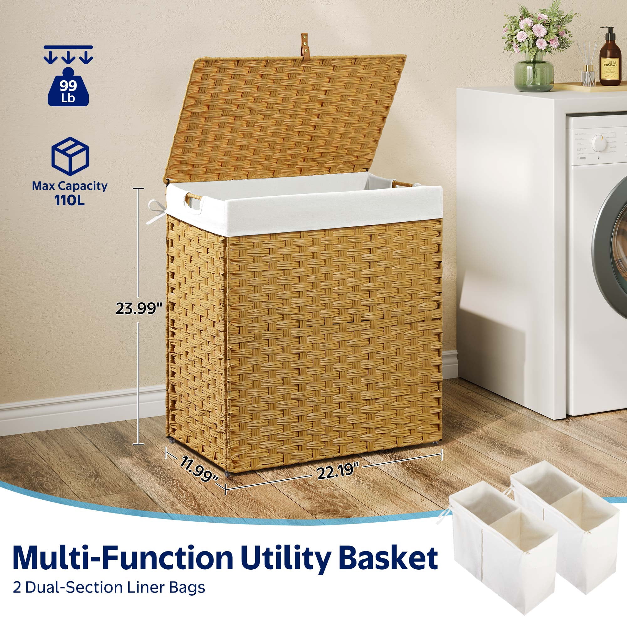 Rolanstar 110L Laundry Hamper Wicker Laundry Basket with Lid, Handles Clothes Hamper Foldable with 2 Removable Liner Bags, Natural